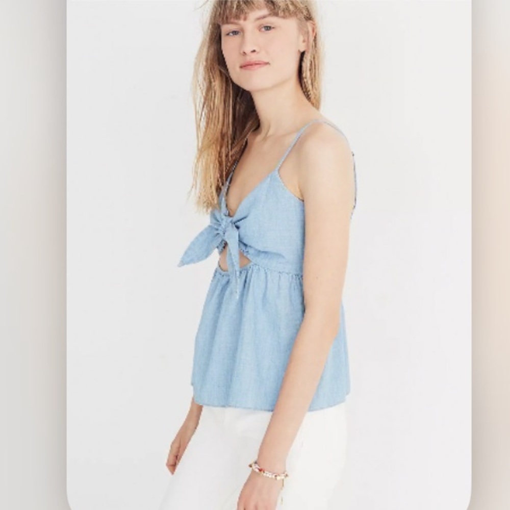 Madewell Chambray Tie-Front Keyhole Cami Top Cotton 00 - Picture 2 of 16